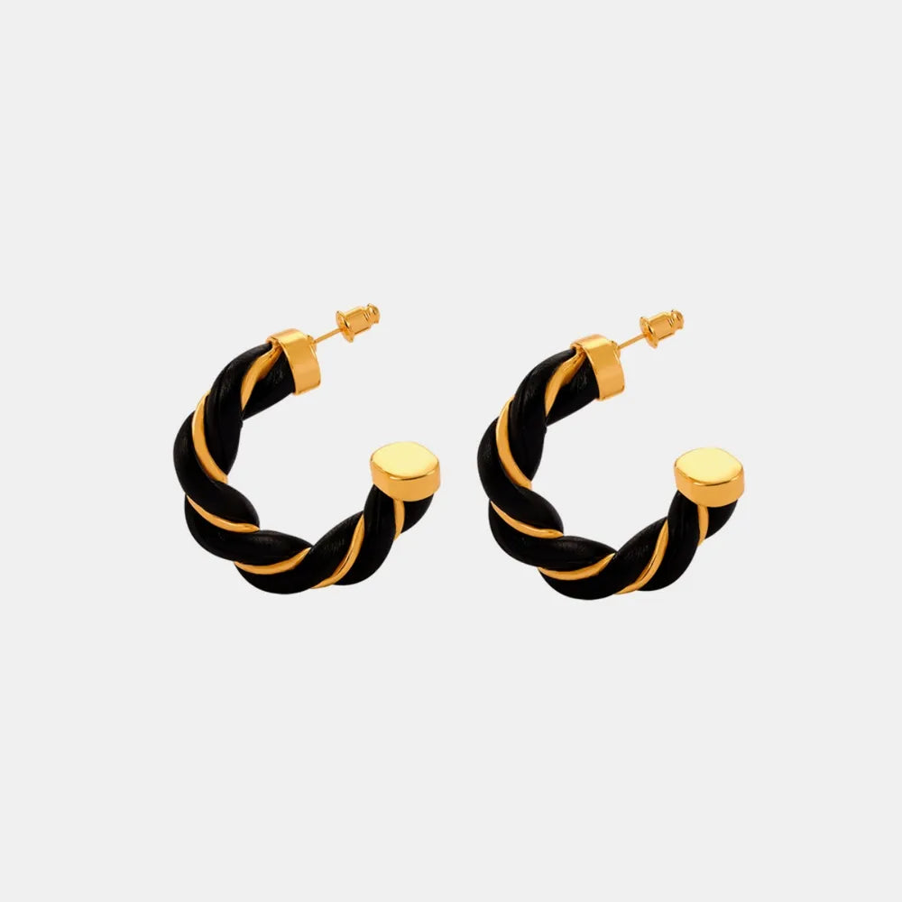 Black braided leather hoop earrings with gold accents