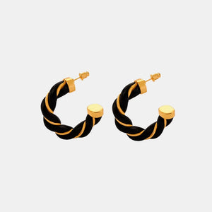 Black braided leather hoop earrings with gold accents