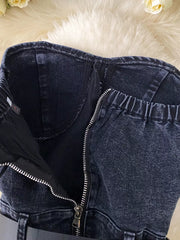 Black denim bustier bodysuit with front zipper and elasticized back detail