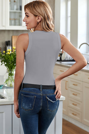 Light Gray ribbed knit scoop neck tank top with a fitted silhouette.