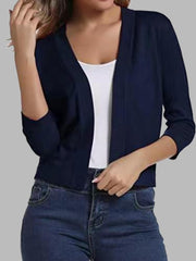 Dark Navy cropped knit cardigan with elbow sleeves and an open front.