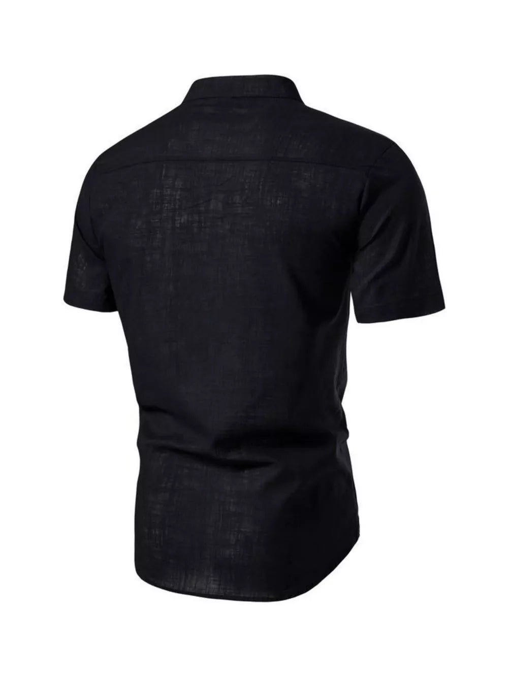 Black cotton men's short sleeve shirt with mandarin collar and curved hem