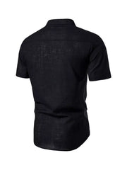 Black cotton men's short sleeve shirt with mandarin collar and curved hem