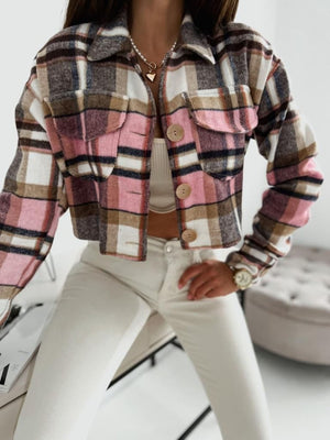 Pink plaid cropped shacket with oversized pockets and button front.