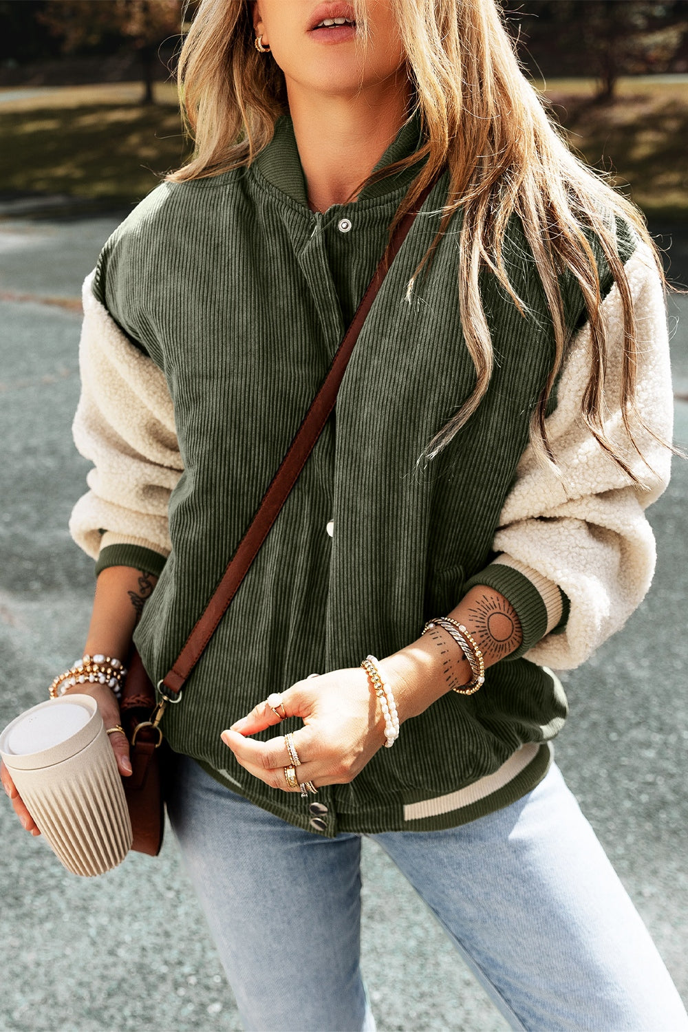 Moss corduroy bomber jacket with sherpa sleeves and contrast trim
