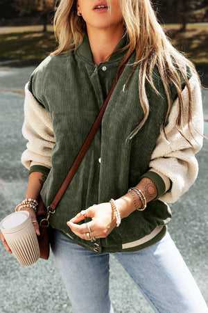 Moss corduroy bomber jacket with sherpa sleeves and contrast trim