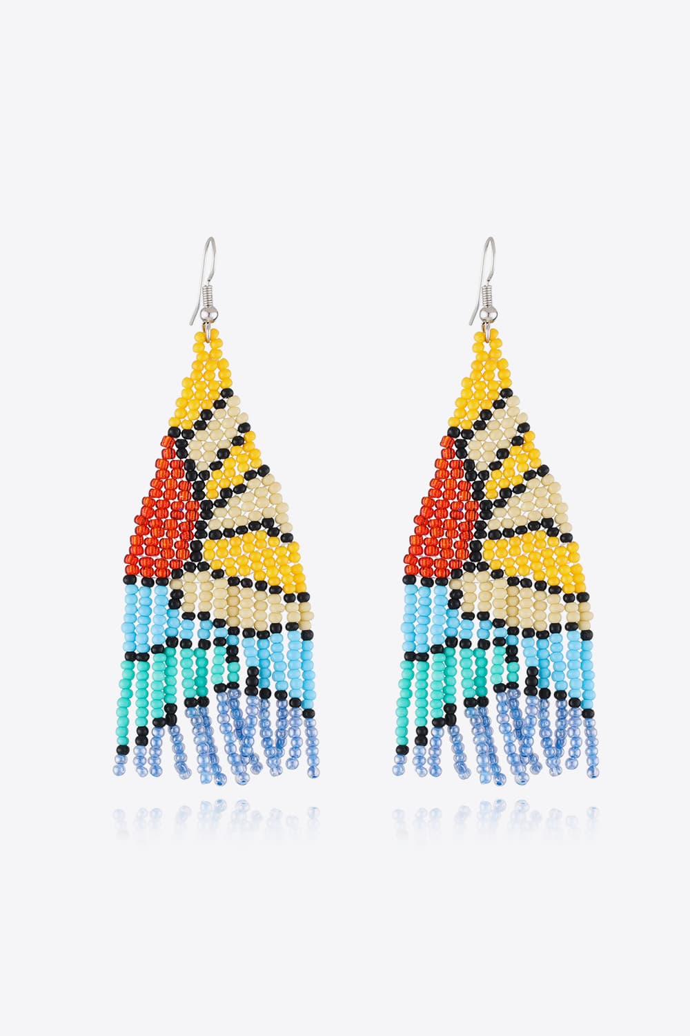 Women's chic beaded drop earrings with colorful geometric pattern and fringe detail