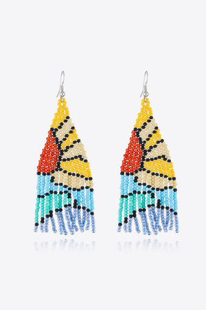 Women's chic beaded drop earrings with colorful geometric pattern and fringe detail