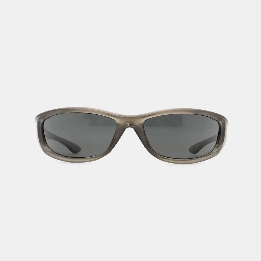 Sculpted sport sunglasses in gray with dark lenses and athletic frame.