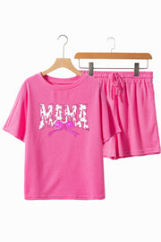 Fuchsia pink waffle knit loungewear set with "Mama" graphic and bow detail.