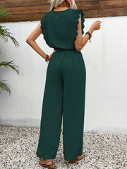 Dark green textured ruffle sleeve drawstring jumpsuit with wide legs