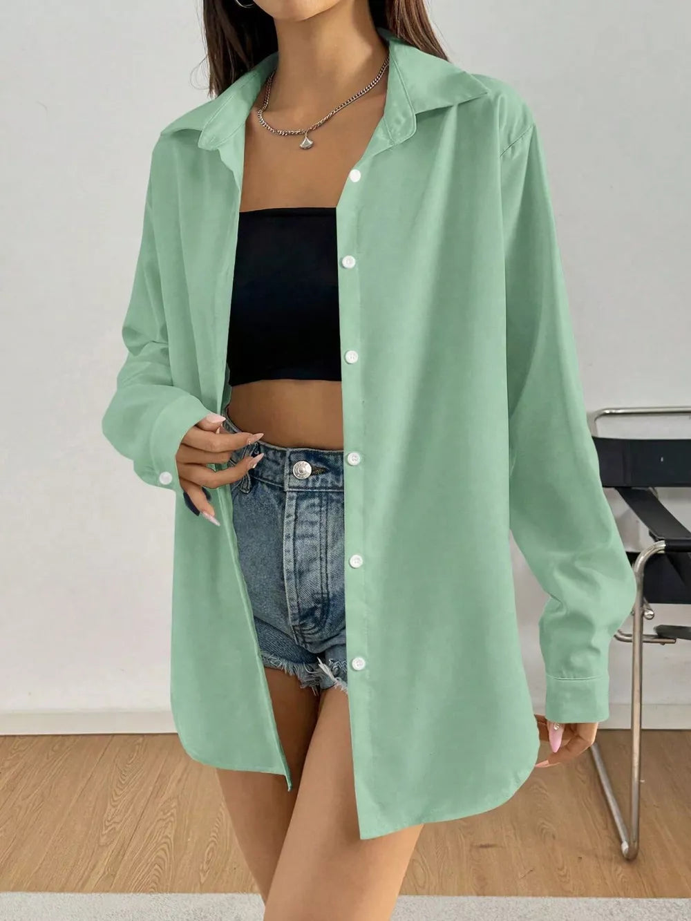 Gray green long sleeve button-up maternity shirt with classic collar.