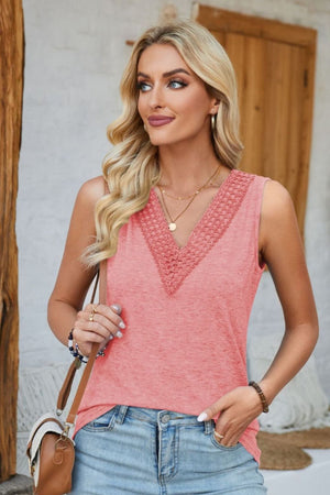 Coral pink V-neck tank top with crochet trim detail