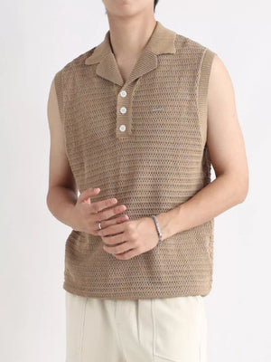 Camel knit polo collar tank top with button placket and open weave detail.
