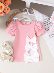 Children's Bow Puff Sleeve Dress in Pink, front view