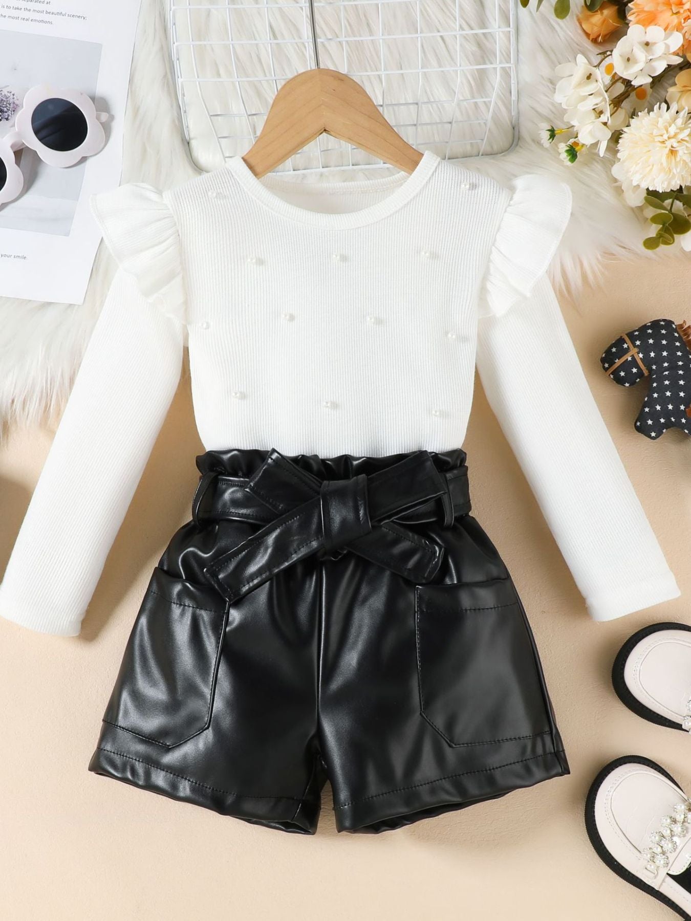 White ruffled pearl top with faux leather shorts set