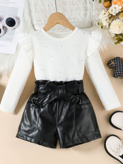 White ruffled pearl top with faux leather shorts set