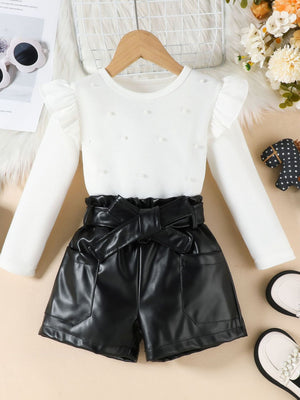White ruffled pearl top with faux leather shorts set