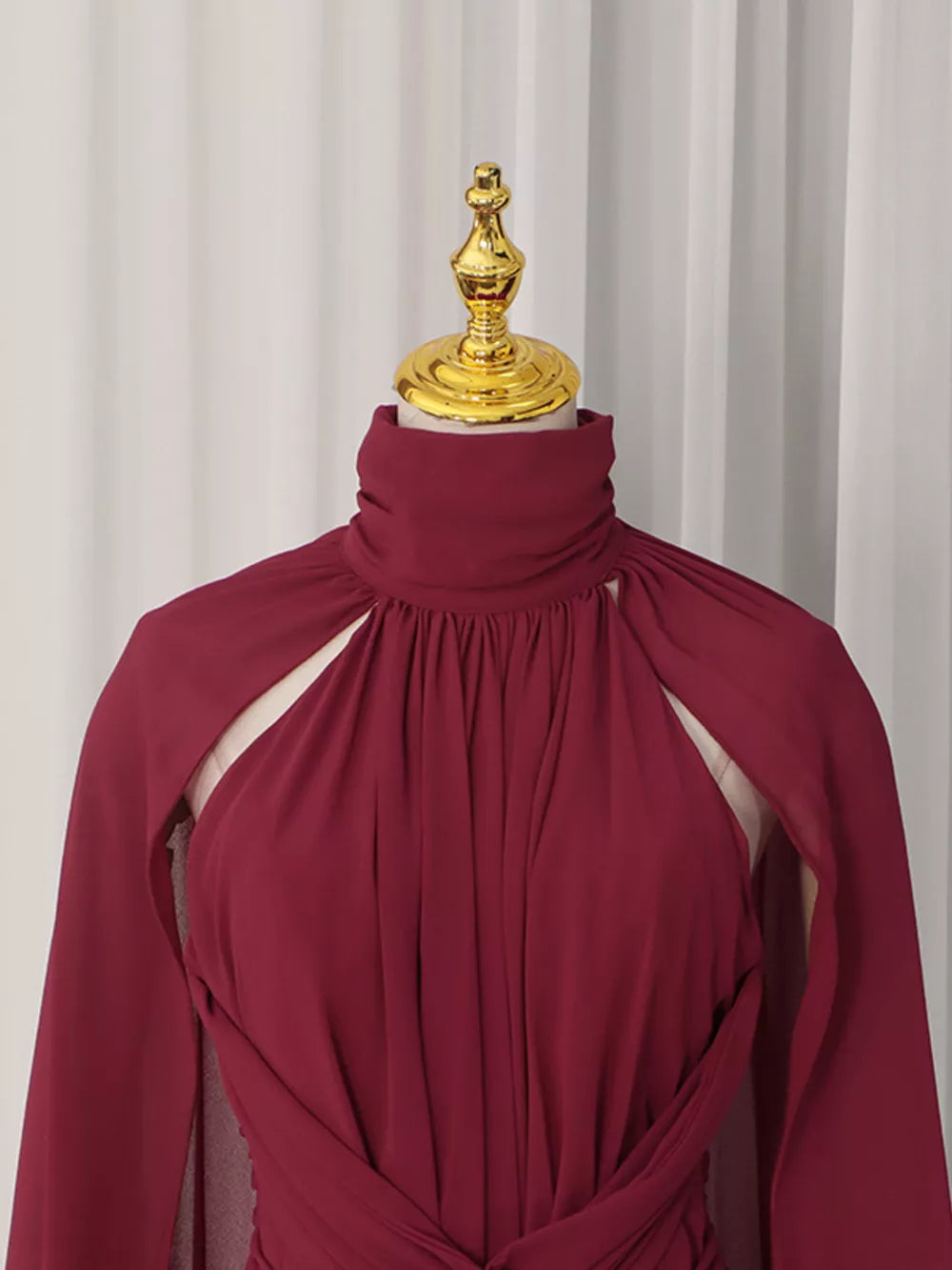 Ruched Halter Neck Cape Maxi Dress in Red, fabric detail