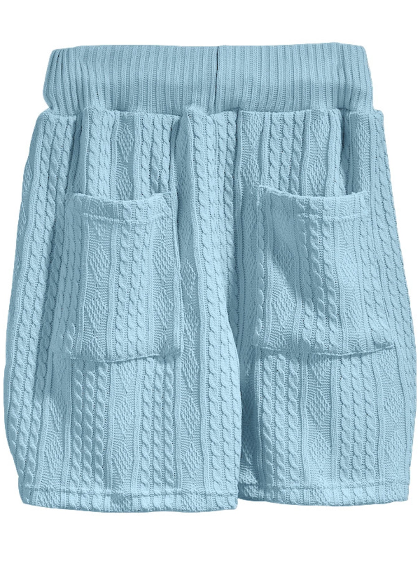 Sky blue cable-knit shorts with pockets and elastic waistband