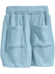 Sky blue cable-knit shorts with pockets and elastic waistband