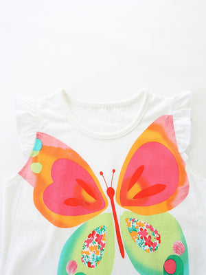 White cotton baby top with colorful butterfly graphic and ruffle sleeves.