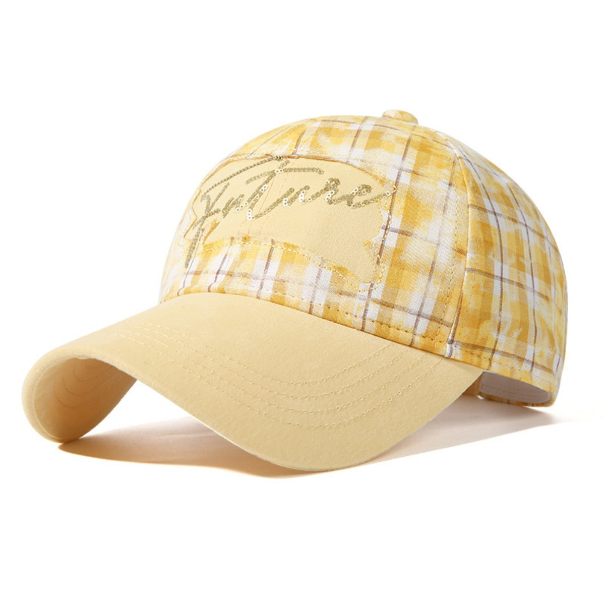 Yellow plaid baseball cap with embroidered detail and solid brim