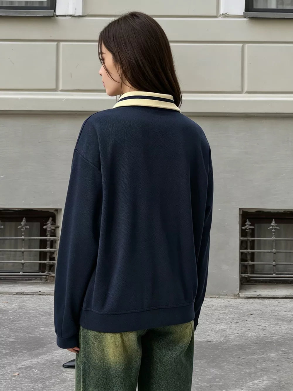 Graphic Sweatshirt With Striped Collar in Dark Blue, model styling view