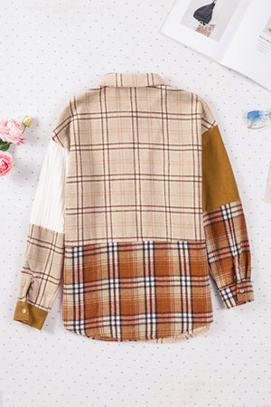 Patchwork plaid knit shacket in sherbet with contrasting white sleeve and brown corduroy accents.