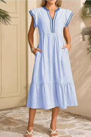 Light blue striped midi dress with ruffle sleeves and pockets