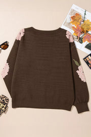 Floral Print Drop Shoulder Relaxed Sweater in Dark Brown, fit detail