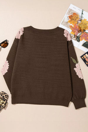 Floral Print Drop Shoulder Relaxed Sweater in Dark Brown, fit detail