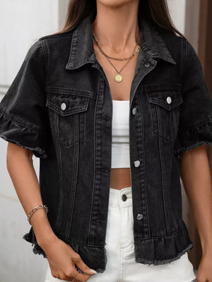 Black denim trucker jacket with short ruffled sleeves and raw hem.