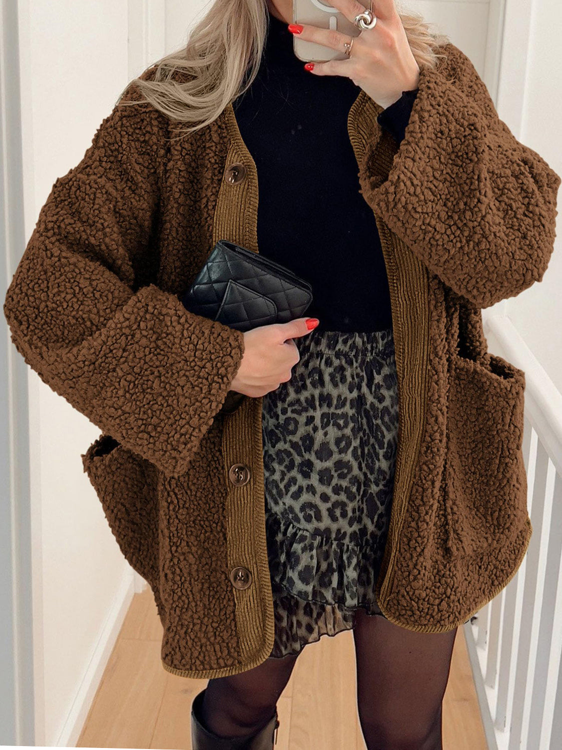 Brown teddy texture button-up jacket with corduroy trim and pockets