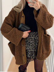 Brown teddy texture button-up jacket with corduroy trim and pockets