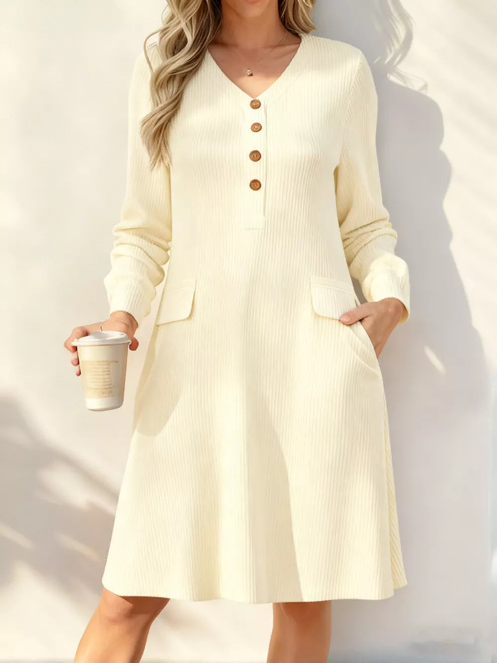 Full Size Ribbed Knit V-neck Dress Plus Size in White, front view