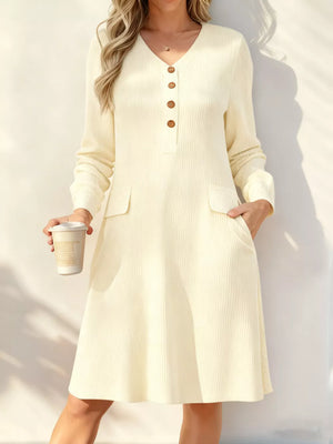 Full Size Ribbed Knit V-neck Dress Plus Size in White, front view