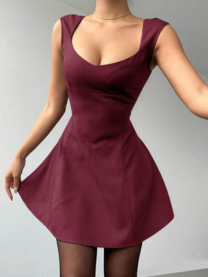 Maroon sweetheart neckline a-line mini dress with cap sleeves and a flared skirt.