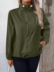 Army green nylon bomber jacket with drawstring hem and zip closure.