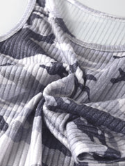 Gray ribbed knit camouflage tank top with scoop neck.