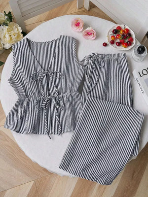 Striped Tie-front Sleeveless Top And Pants Set, close-up detail