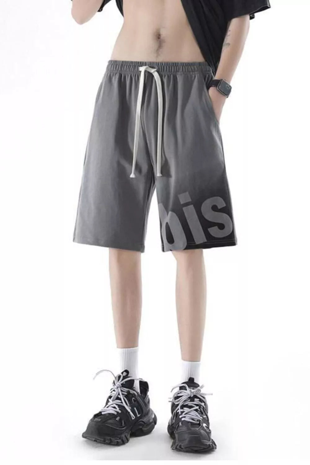 Men's grey casual shorts with drawstring and gradient letter print