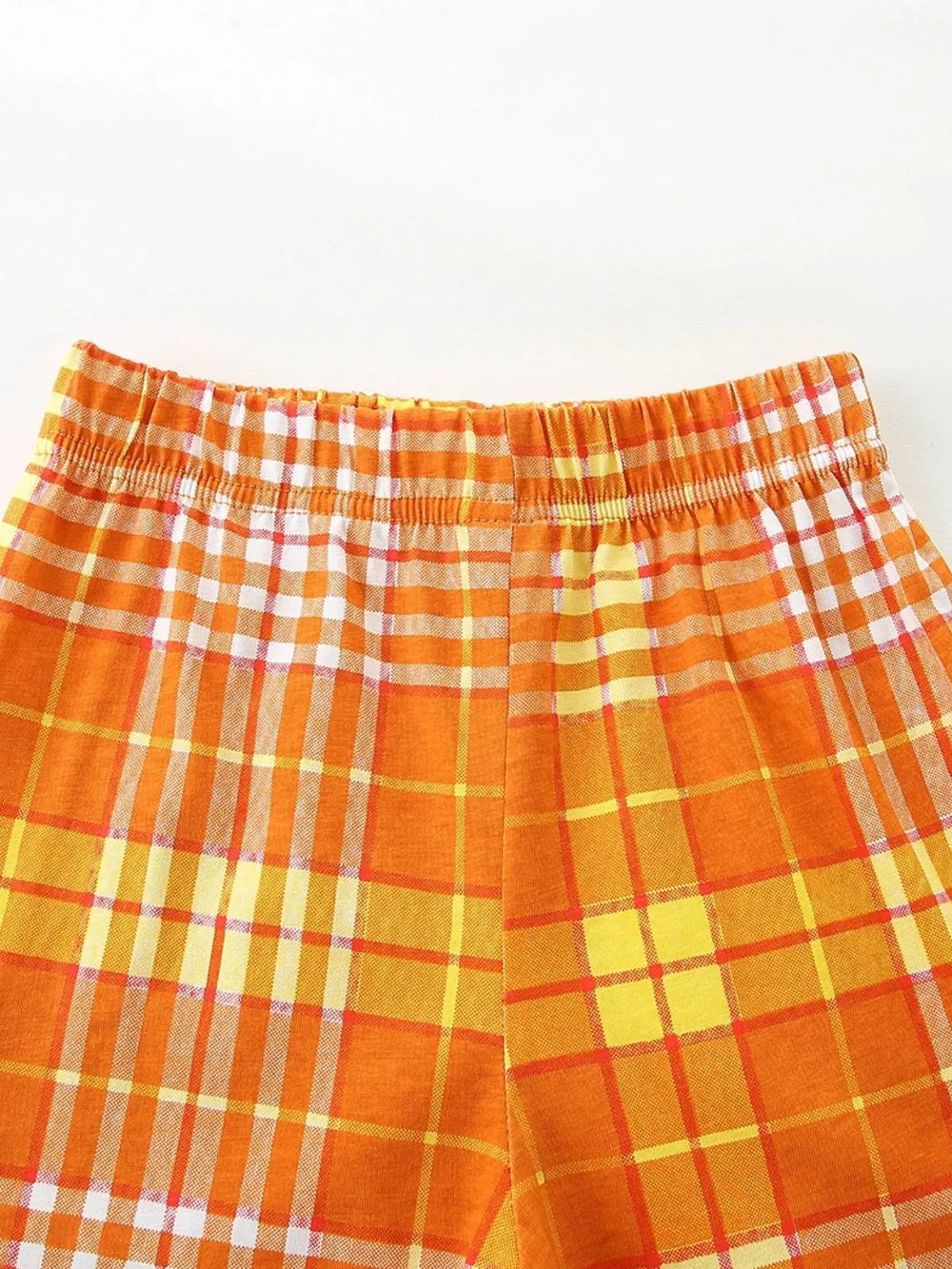 Toddler orange plaid cotton shorts with elastic waistband