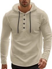 Khaki linen blend henley hooded shirt with black drawstrings and button placket.