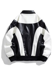 Retro bomber jacket in black and white faux leather with colorblock design and ribbed cuffs.