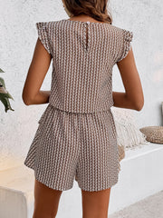 Textured ruffle sleeve co-ord set with shorts in a brown and white geometric pattern.