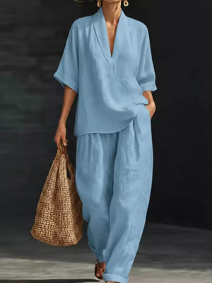 Sky blue half-sleeve v-neck top and wide-leg pants set with pockets