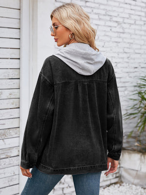 Oversized black denim jacket with grey hood detail, buttoned, casual, chic.