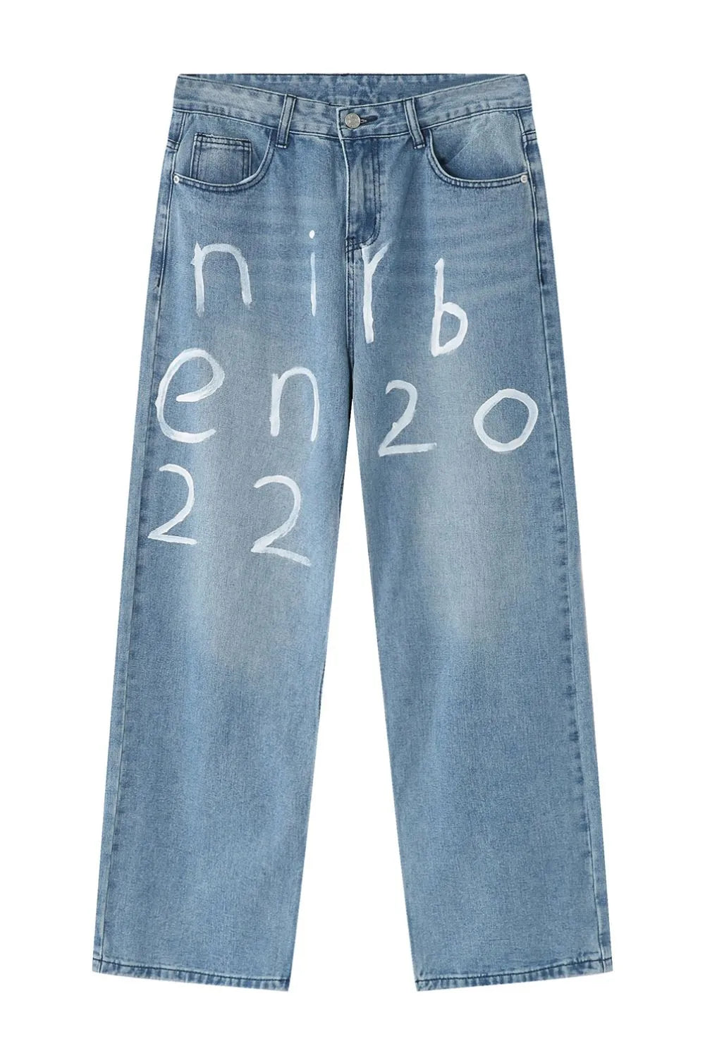 Medium wash baggy jeans with white painted script detail