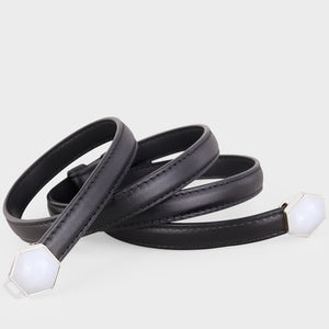 Black cowhide leather belt with geometric buckle detail